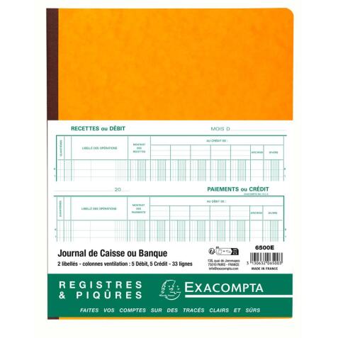  Piqûre 32x25cm Journal de caisse ou banque 5 débit - 5 crédit 33 lignes 80 pages - Texte FR