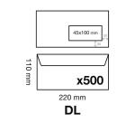 Boite de 500 Enveloppes Blanches DL-110x220mm - Auto-Adhésives - 90g/m2 - Fenêtre Papier Cristal 45x100 (position 20/20) - Blanc