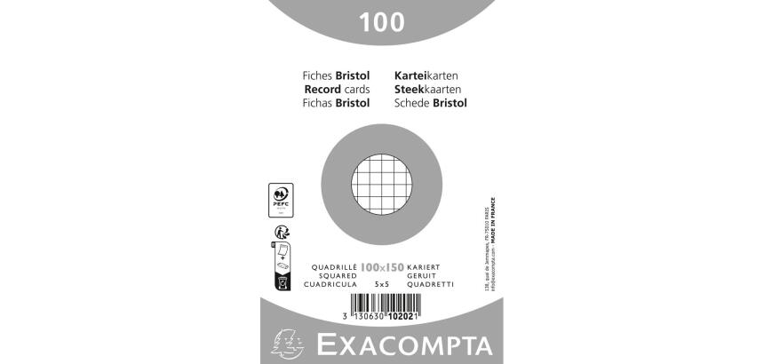 Paquet 100 fiches sous film - bristol quadrillé 5x5 non perforé - 100x150mm - Blanc