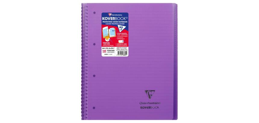 Cahier reliure intégrale enveloppante Koverbook A4+ 160 pages ligné + marge détachables perforé 4 trous couverture polypropylène transparent - Violet