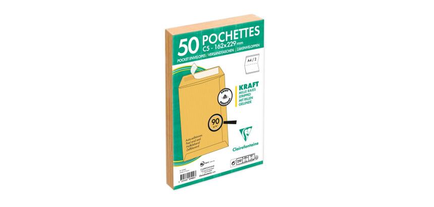 Paquet de 50 Pochettes Kraft Milleraies Brun C5-162x229 mm - Auto-Adhésives - 90g/m2 - Brun