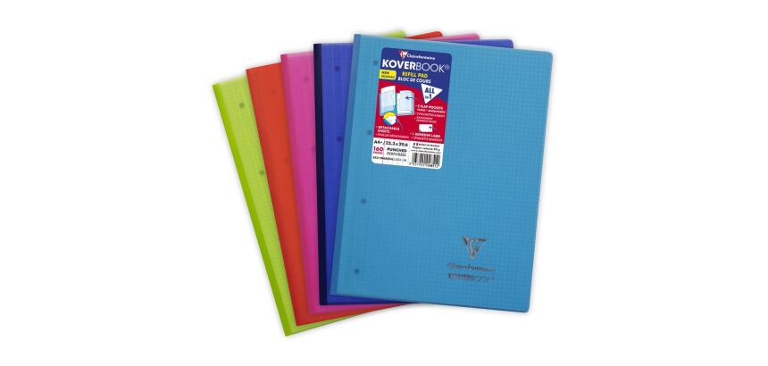 Bloc de cours agrafé grand côté Koverbook A4+ 160 pages détachables perforé 4 trous petits carreaux + marge couverture polypropylène transparent - Assortis