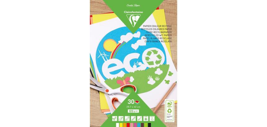 PAPIER COULEUR RECYCLÉ, Bloc de 30 feuilles 120g/m2 au format 29,7x42cm - Assortiment