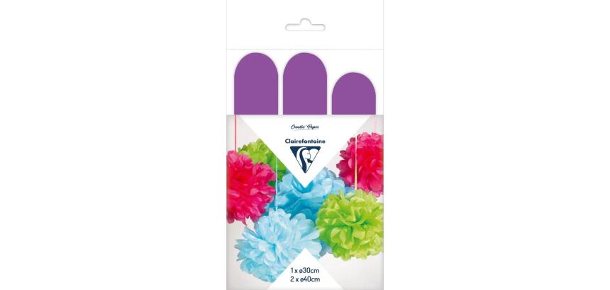 PAPIER DE SOIE, Set de 3 pompons à suspendre Ø30x1 et Ø40x2 - Violet