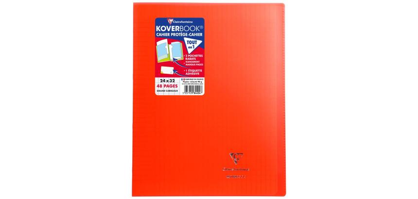 Cahier piqué Koverbook 24x32cm 48 pages grands carreaux couverture polypropylène transparent - Rouge
