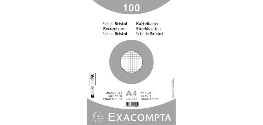 Confezione 100 cartoncini bristol sotto film bianco a quadretti 5x5 non perforati 210x297mm - Bianco