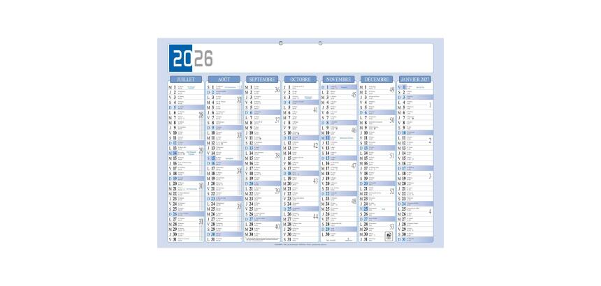 Calendrier Bicolore 53 x 40,5 cm Semestriel 2026 - Gris/Bleu