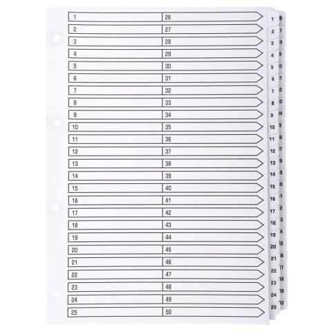 50Z - Separadores Separadores con pestañas impresas cartulina blanca 160 g/m 2 Con pestañas blancas plastifi cadas reforzadas - Blanco