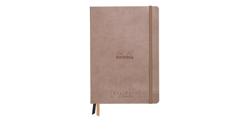 Rhodiarama, Goalbook Creation A5 mit festem Umschlag, 80 Blatt glattes, schwarzes Mayapapier punktkariert/dot 120g, mit Gummizugverschluss - Taupe