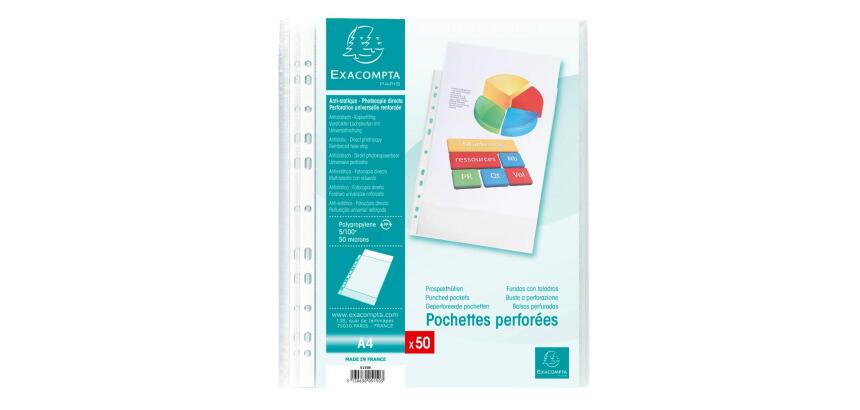 Sachet de 50 pochettes perforées polypropylène grainé 5/100e - A4 - Cristal