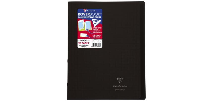 Cahier piqué Koverbook 24x32 cm 96 pages petits carreaux + marge couverture polypropylène transparent - Gris