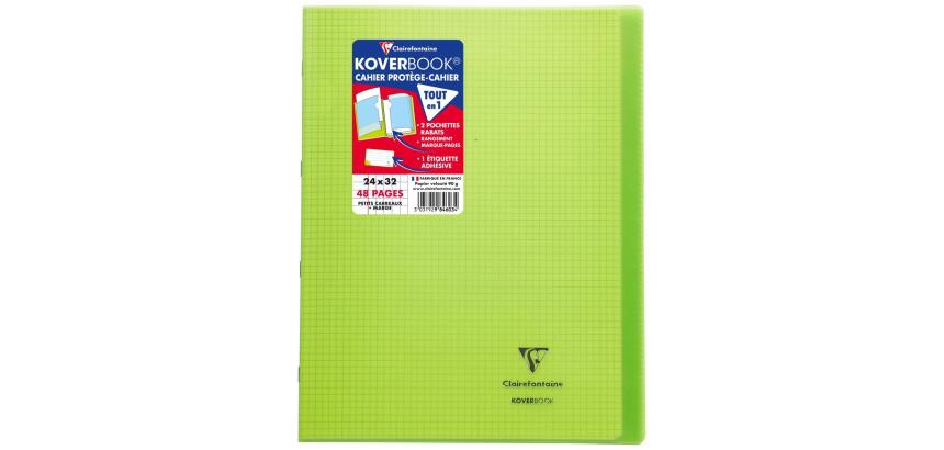 Cahier piqué Koverbook 24x32cm 48 pages petits carreaux + marge couverture polypropylène transparent - Vert