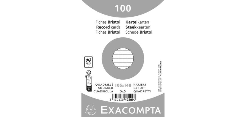 Confezione 100 cartoncini bristol sotto film a quadretti 5x5 non perforati 105x148mm - Bianco