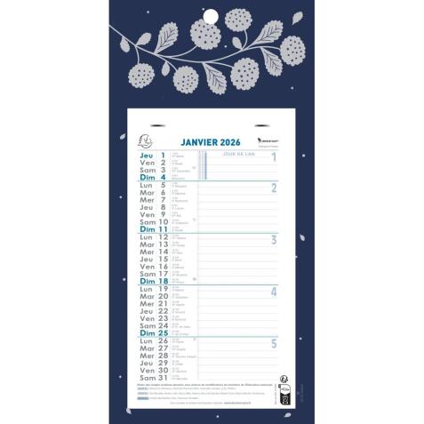 Calendrier mensuel avec feuillets détachables 15,5 x 28,5 cm sur carte illustrée Végétal 19 x 41 cm 2026 - Bleu