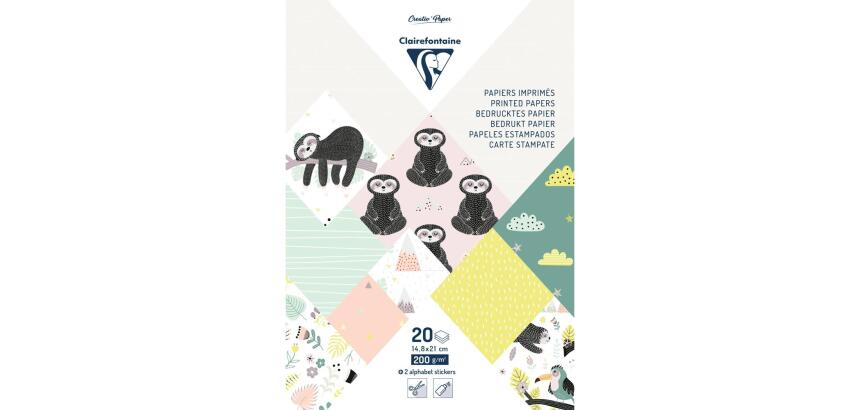 PAPIERS IMPRIMÉS, Bloc de 20 feuilles 200g/m2 au format 14,8x21cm - Paresseux - Multicolore