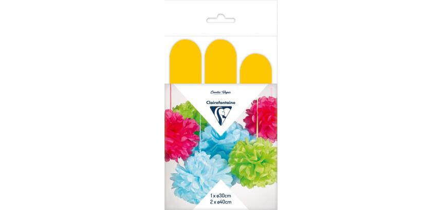 PAPIER DE SOIE, Set de 3 pompons à suspendre Ø30x1 et Ø40x2 - Jaune