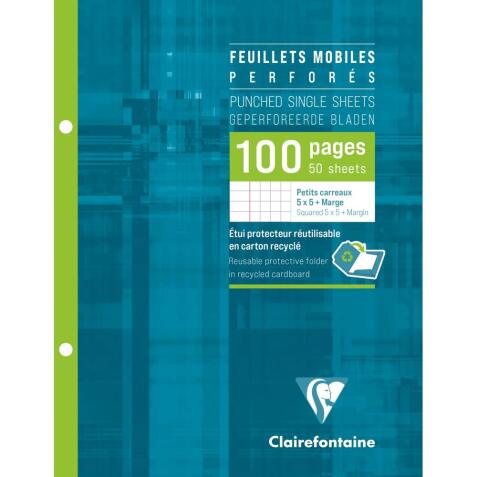 Feuillets mobiles sous étui 16,5x21cm 100 pages perforées 2 trous petits carreaux + marge - Blanc