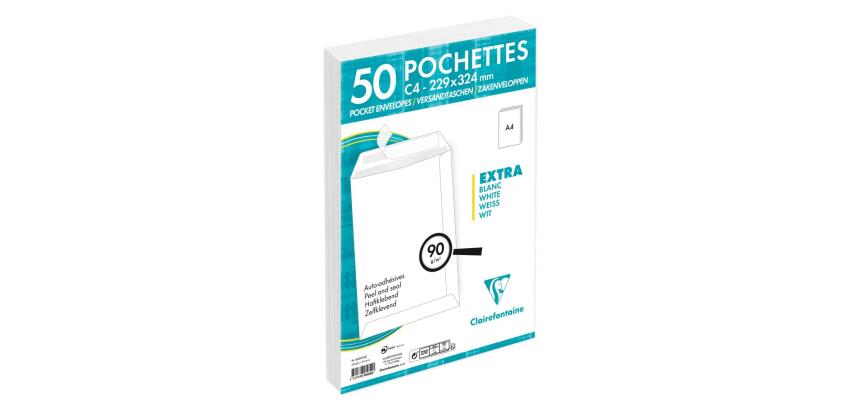 Paquet de 50 Pochettes Blanches C4-229x324 mm - Auto-Adhésives - 90/m2 - Blanc