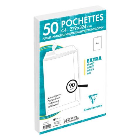 Paquet de 50 Pochettes Blanches C4-229x324 mm - Auto-Adhésives - 90/m2 - Blanc