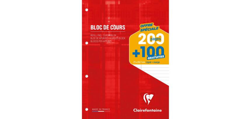 Bloc de cours encollé grand côté A4 200 pages détachables + 100 GRATUITES perforé 4 trous ligné + marge Bleu gris - Rouge
