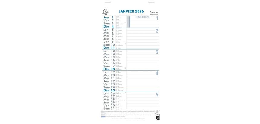 Calendrier bloc mensuel avec feuillets détachables sans support 15,5 x 28,5 cm 2026