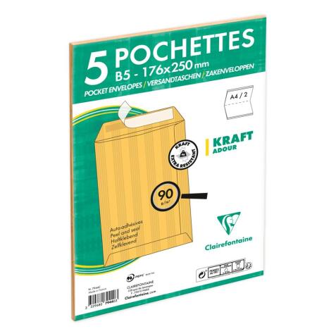 Paquet de 5 Pochettes Kraft Adour Brun 176x250mm - Auto-Adhésives - 90g/m2 - Brun
