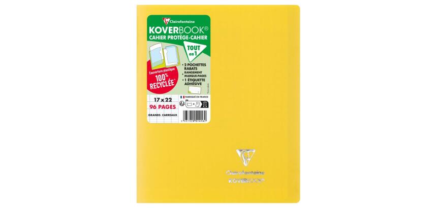 Cahier piqué Koverbook 17x22 cm 96 pages grands carreaux couverture polypropylène opaque 100% recyclé
