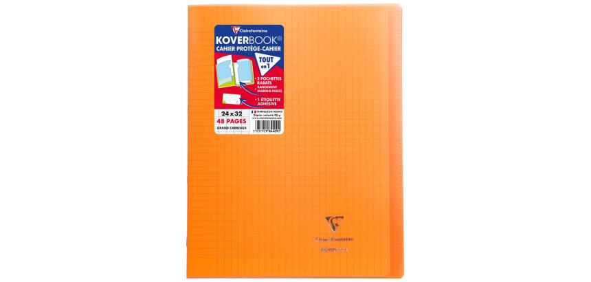 Cahier piqué Koverbook 24x32 cm 48 pages grands carreaux couverture polypropylène transparent - Orange