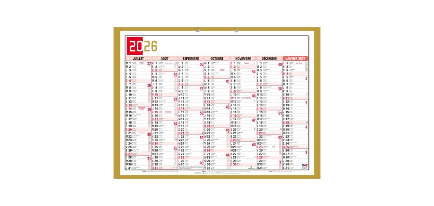 Calendrier Tricolore Neutre 55 x 40,5 cm Semestriel 2026 - rouge, noir et or