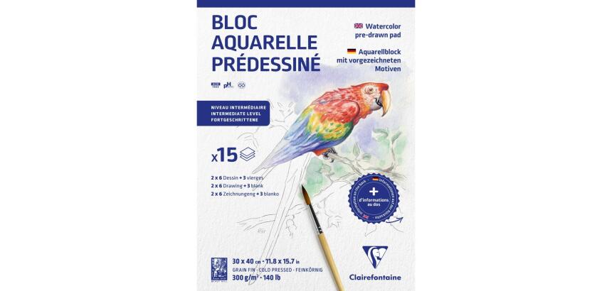 Aquarelle Prédessiné Animaux bloc collé 15F 30x40cm 300g