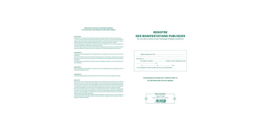 Piqûre 32x19,5cm - Registre d'identification des vendeurs en vue d'une manifestation publique - Couleurs assorties