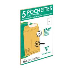 Paquet de 5 Pochettes Kraft Brun C4-229x324 mm avec Soufflet de 30 mm - Auto-Adhésives - 120g/m2 - Brun