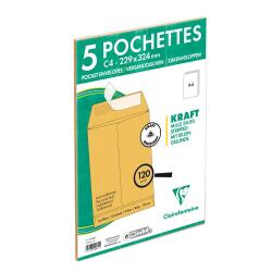 Paquet de 5 Pochettes Kraft Brun C4-229x324 mm avec Soufflet de 30 mm - Auto-Adhésives - 120g/m2 - Brun