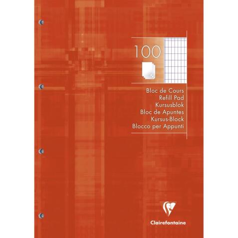 Bloc de cours encollé grand côté A4 200 pages détachables perforées 4 trous quadrillé 4x8 - Tangerine