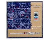 Le Mur des Je t'aime, Set de calligraphie 21x21 cm contenant une plume de verre, un flacon d'encre Rue de la Verrerie 10ml Jacques Herbin, un bloc de 60 feuilles de papier blanc 185g