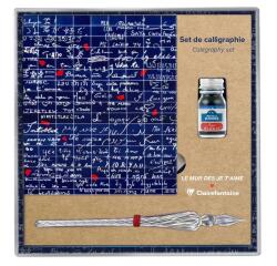 Le Mur des Je t'aime, Set de calligraphie 21x21 cm contenant une plume de verre, un flacon d'encre Rue de la Verrerie 10ml Jacques Herbin, un bloc de 60 feuilles de papier blanc 185g