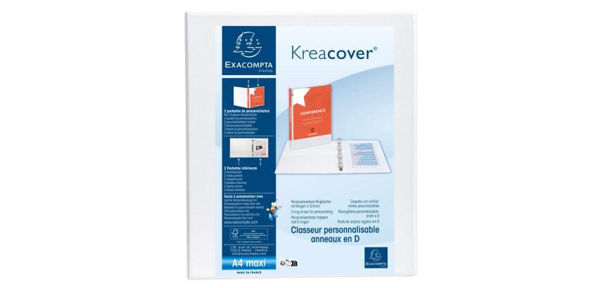 Classeur PP personnalisable Kreacover - 4 anneaux en D 30mm - A4 maxi - Blanc