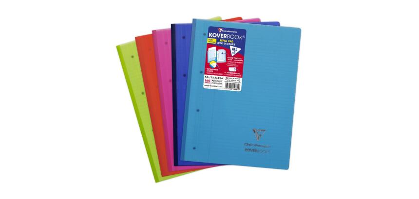 Bloc de cours agrafé grand côté Koverbook A4+ 160 pages détachables perforé 4 trous ligné + marge couverture polypropylène transparent - Assortis