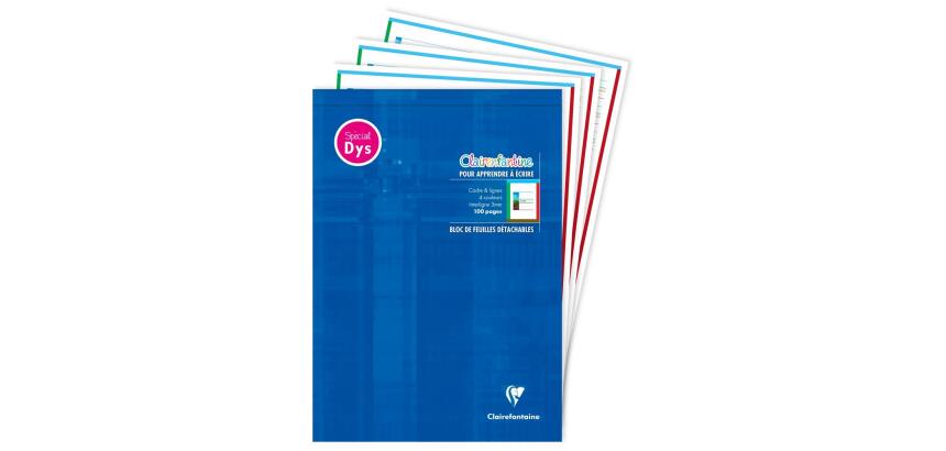 Bloc d'écriture spécial Dys encollé en-tête A4 100 pages détachables cadre et lignes 4 couleurs Interligne 3 mm - Bleu Klein