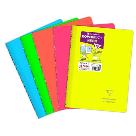 Cahier reliure intégrale enveloppante Koverbook Neon A4 160 pages petits carreaux + marge couverture polypropylène opaque - Assortis