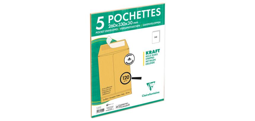 Paquet de 5 Pochettes Kraft Brun E4-260x400 mm avec Soufflet de 30 mm - Auto-Adhésives - 120g/m2 - Brun