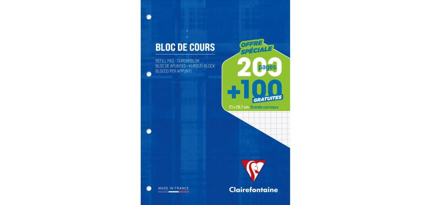 Bloc de cours encollé grand côté A4 200 pages détachables + 100 GRATUITES perforé 4 trous grand carreaux Bleu - Bleu Klein