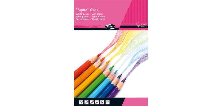 PAPIER BLANC, Bloc de 100 feuilles 90g/m2 au format 21x29,7cm - Blanc