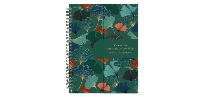 Gaïa bleu, Calendrier anniversaire perpétuel 23 x 17 cm, 50 pages imprimées, fermeture aimantée pour affichage sur la table.