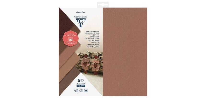 CUIR SYNTHÉTIQUE, Pochette de 5 pièces (épaisseur 0,8mm) au format 30.5x30.5cm - Assortiment