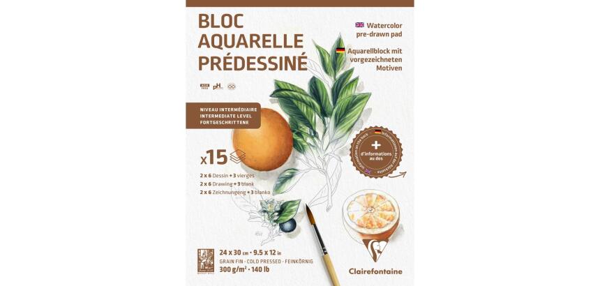 Aquarelle Prédessiné Botanique bloc collé 15F 24x30cm 300g