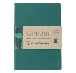 Ginkgo, Set de 2 carnets cousu fil A5 14,8x21 cm, 64 pages, ligné. 1 carnet couverture cuir + 1 carnet couverture carte imprimée, ass.