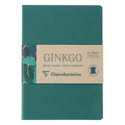 Ginkgo, Set de 2 carnets cousu fil A5 14,8x21 cm, 64 pages, ligné. 1 carnet couverture cuir + 1 carnet couverture carte imprimée, ass.