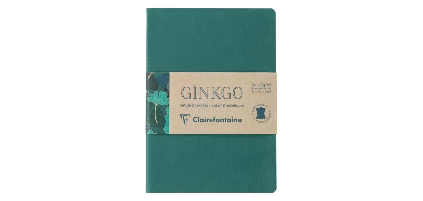 Ginkgo, Set de 2 carnets cousu fil A5 14,8x21 cm, 64 pages, ligné. 1 carnet couverture cuir + 1 carnet couverture carte imprimée, ass.