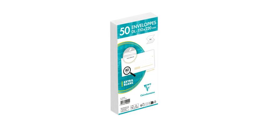 Paquet de 50 Enveloppes Blanches DL-110x220 mm - Précasées - Auto-Adhésives - 80g/m2 - Blanc